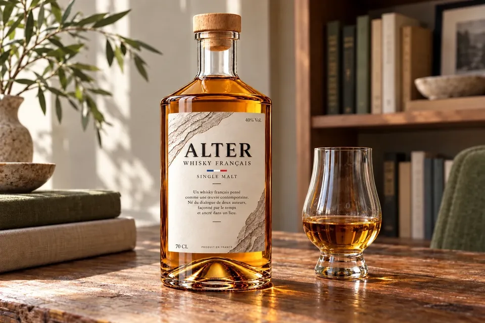 ALTER et un verre tulipe près d’une bibliothèque