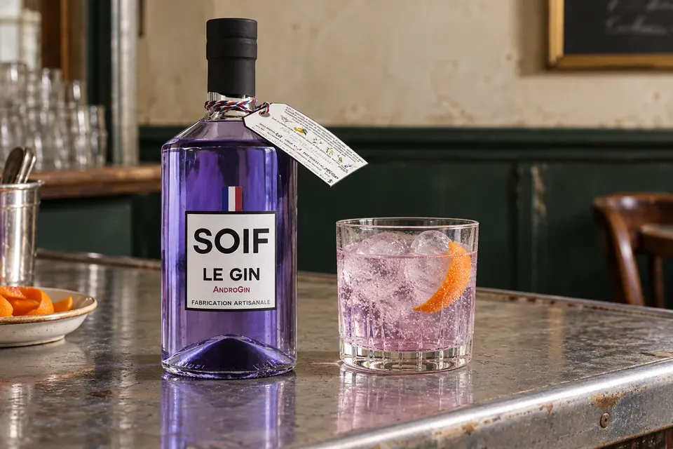 SOIF AndroGin sur un comptoir avec un verre de tonic