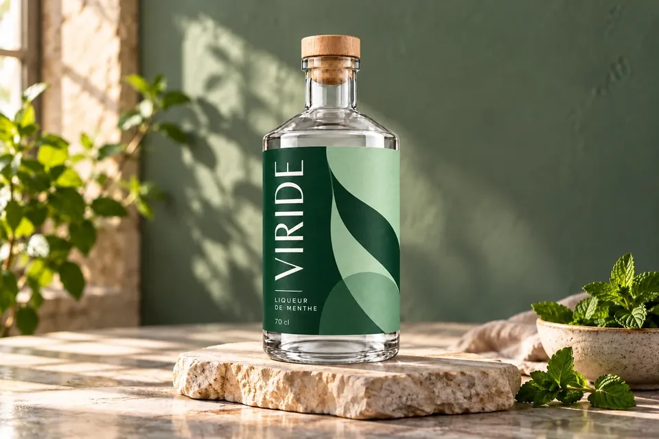VIRIDE sur une pierre claire avec de la menthe