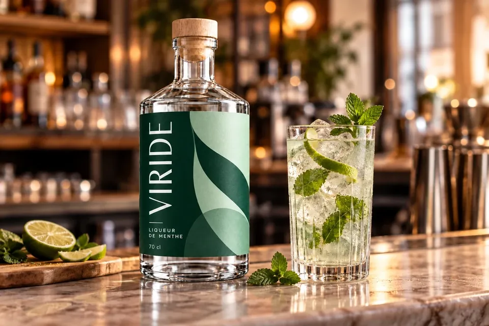 VIRIDE sur le comptoir d’un bar avec un cocktail