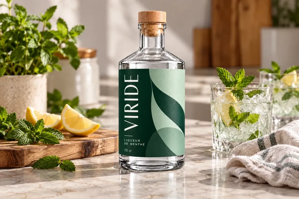 VIRIDE sur un plan de cuisine avec du citron et de la menthe